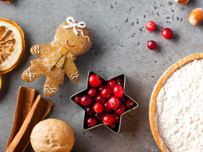 Christmas background with gingerbread and ginger cookie ingredients. Copy space. High quality photo